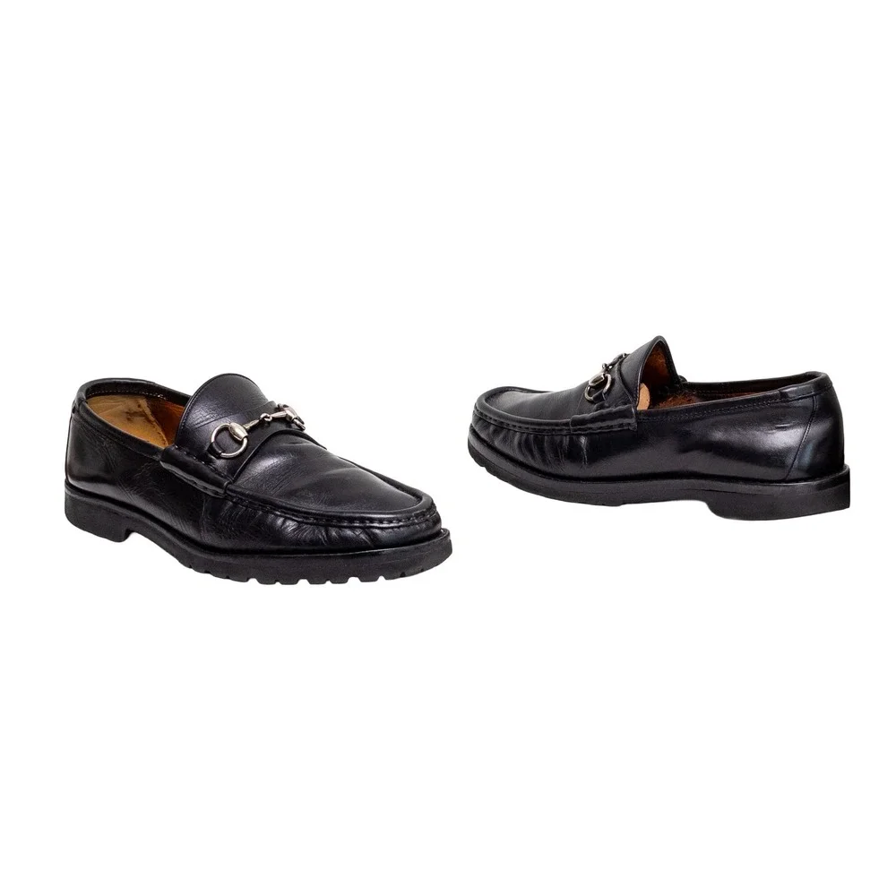 Vntg Gucci Black Leather Horsebit Loafers Vibram Gumlite Lug Sole Mens 10
